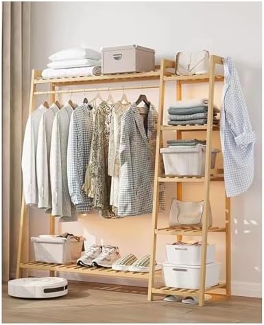 Baveke Standing Clothes Rack with Shelves, Free Standing Closet Garment Racks for Hanging Clothes, 7 Shelf Bamboo Closet Organizer System, Heavy Duty Clothes Hanging Rack for Bedroom, Natural Wood - Image 6