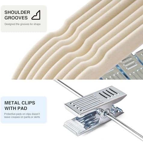 48-Pack Beige Velvet Hangers with Clips Adjustable,Adult Hangers,Heavy-Duty,Felt,Non-Slip,Space Saving,Slim Outfit Hanger for Pants, Skirts, Suits,Coats, Dresses ect. - Image 3
