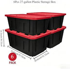 CLMSTE6 Pack Large Storage Bins with Snap Lids, 27 Gallon Black and Red Totes for Garage & Basement, Stackable Heavy Duty Plastic Containers for Home Organization - Image 2