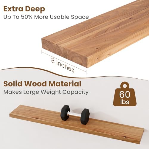 Floating Shelves for Wall Decor, 8" Deep Rustic Solid Elm Wood Floating Shelves Wall Mounted, Wall Shelves with Invisible Bracket for Living Room Bathroom Bedroom Kitchen, 48 Inch Set of 1, Natural - Image 5