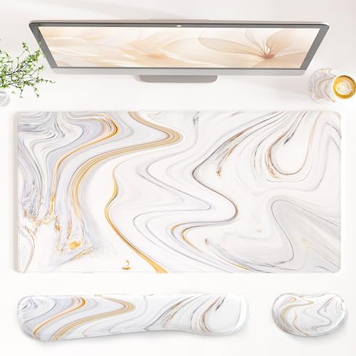 QiyI PU Leather Desk Mat Set, 4-in-1 Ergonomic Wrist Rest, Marble Stripes by QIYI
