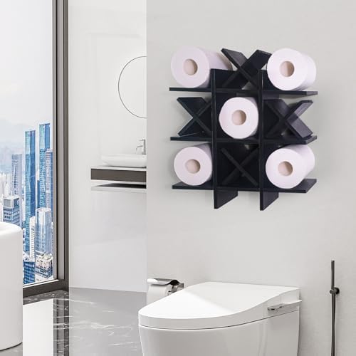 DAOYOUSKY Tic Tac Toe Toilet Paper Holder Stand with 4pcs Wooden X, Farmhouse Rustic Wall Mounted Funny Toilet Papers Storage Organizer with Shelf, Guest Bathroom Decor, Black - Image 2