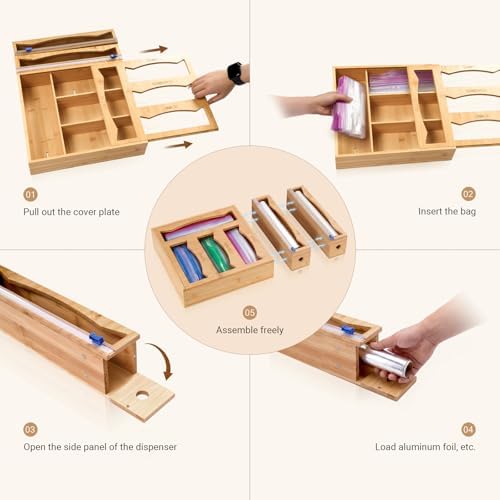 6-in-1 Bamboo Kitchen Drawer Organizer for Storage Bag, Foil & Plastic Wrap - Image 3