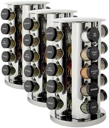 Kamenstein Revolving Countertop Spice Rack with Spices Included, FREE Spice Refills for 5 Years, Polished Stainless Steel with Black Caps, 30020, 20 Jar (Pack of 3) by Kamenstein
