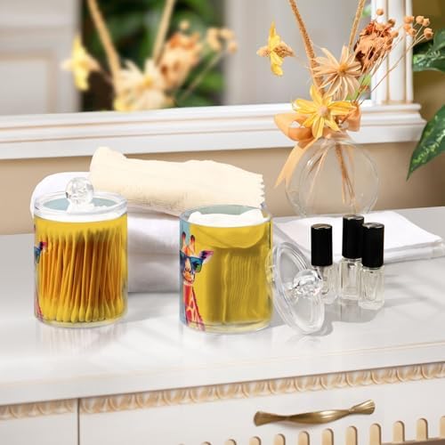 Fustylead 4 Pack Cute Giraffe in Sunglasses Drinking Juice Qtip Holder Dispensers for Cotton Swab, Ball, Round Pads, Floss, Plastic Apothecary Jar Set for Bathroom Canister Storage - Image 6