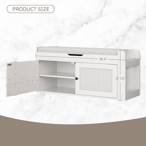 39.4" Storage Bench - Entryway Shoe Bench with Side Storage Shelves and 2 Doors, Multifunctional Entryway Bench with Lift Top Cushion, Shoe Storage Bench for Bedroom, Living Room, White - Image 2