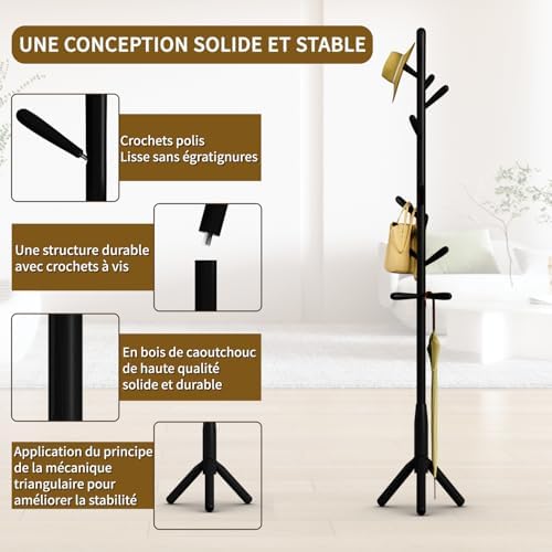 Solid Wood Coat Rack, Freestanding Tree-Shaped Coat Rack with 11 Hooks, Main Pole 1.6" dia for Clothes, Hat Stand Used in Bedroom/Office/Entryway (3-Leg Base, Black) - Image 3