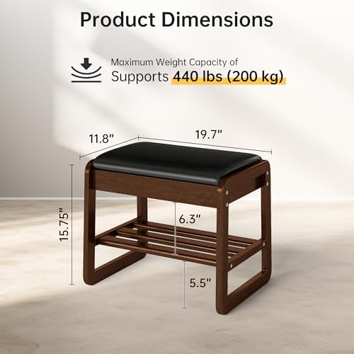 Shoe Rack Bench with Flip-Top Storage, Rubberwood 2-Tier Shoe Organizer with Cushion, Small Wooden Shoe Stand for Entryway, Mudroom, Hallway, Closet, Front Door Entrance, Foyer - Image 2