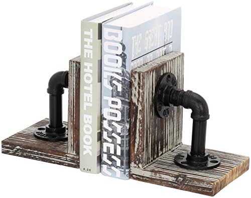 MyGift Decorative Bookends, Office Book Ends for Shelf, Book Holder L-Shaped Stand Desktop, Solid Torched Wood with Realistic Industrial Pipe Design by MyGiftHome
