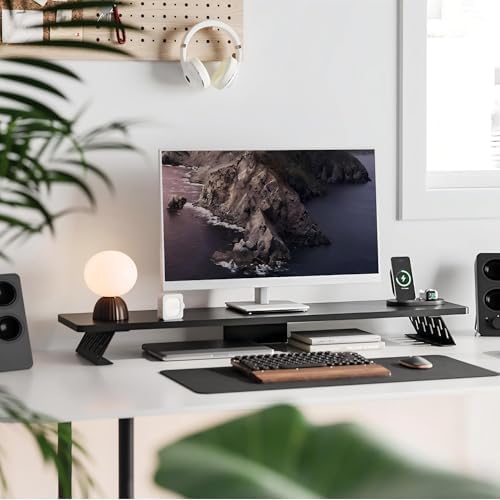 Fenge Monitor Stand Riser, Wooden & Metal Desk Shelf Organizer, Black - Image 2
