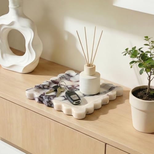 Scalloped Square Marble Decorative Tray, Natural Stone Vanity & Jewelry Tray, Trinket Organizer for Ring, Key, Dresser, Nightstand, Bathroom Counter & Kitchen Sink(Calacatta Viola) - Image 5