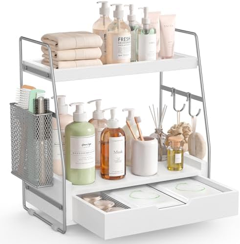 2-Tier Bathroom Counter Organizer with Drawer, Wood Counter Storage Shelf by Unknown