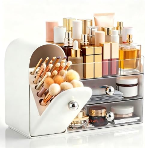 HBlife Makeup Organizer Countertop with Drawers, Vanity Organizers with Brush Holder, Bathroom Counter Organizer for Perfume, Nail Polishes, Lipsticks, Skincare and Eyeshadow Palettes, White Sliver by HBlife