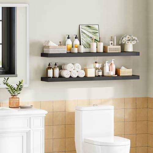 HOOBRO Floating Shelves for Wall, Wall Mounted Shelf Set of 2, 47.2" Hanging Shelf with Invisible Brackets, for Wall Decor Storage in Bathroom Bedroom Kitchen Living Room Office, Black BK120BJP201 - Image 6