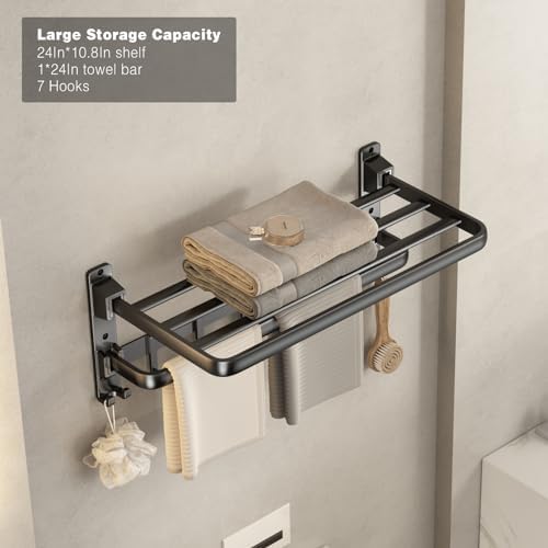 VOLDRA Towel Racks for Bathroom, 24-Inch Towel Shelf with Towel Bar Foldable Towel Holder with 7 Hooks Towel Storage Organizer for Bathroom & Lavatory Wall Mounted(Matte Black) - Image 2