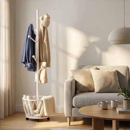 Off-White Moveable Tree Metal Coat Rack with Basket Freestanding 65" - Image 5