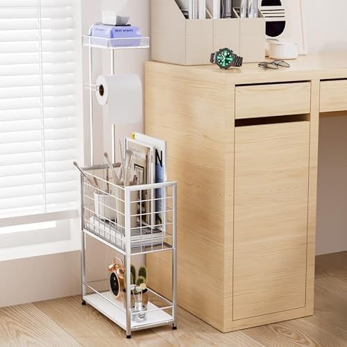 SWTYMIKI Freestanding Toilet Paper Holder - 4-Tier Free Standing Toilet Paper Holder Stand with Large Basket, Stand Mega Roll Storage Rack for Extra Rolls, Magazines, Wet Wipes, Silver - Image 5