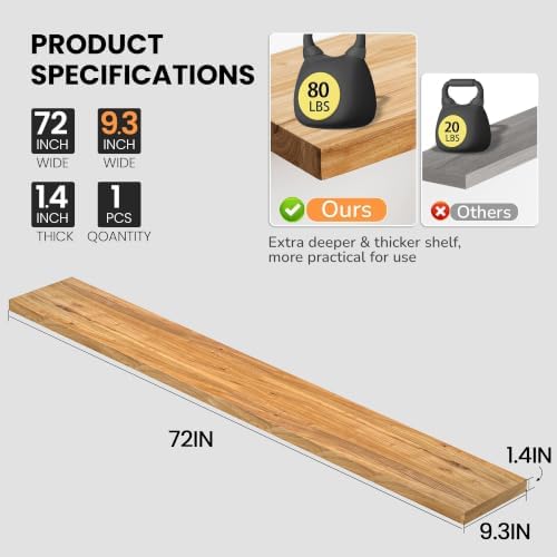 Fun Memories Floating Shelves for Wall, 72" W x 9.3" D Wood Floating Shelf with Invisible Heavy-Duty Metal Bracket, Deep Floating Shelf for Living Room Kitchen, Natural Finish - Image 3