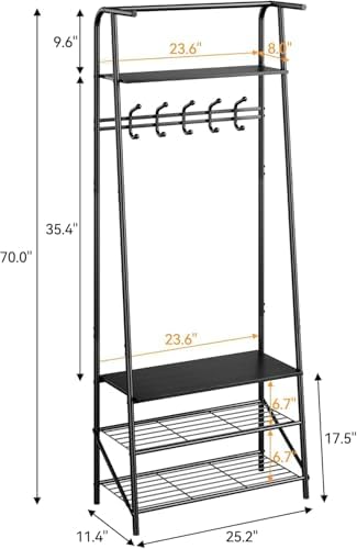 25" Hall Tree, Coat Rack with Shoe Rack, 4-Tier Shelf Entryway Shoe Bench with Storage, Freestanding Metal Frame Multifunctional Hallway Organizer with Hooks, Accent Furniture for Bathroom - Image 2