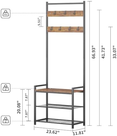 3-in-1 Entryway Coat Rack Hall Tree with Shoe Storage Bench - Brown - Image 2