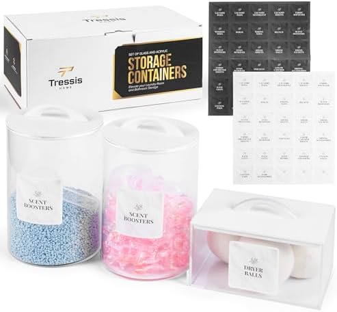 Laundry Pod Storage Container Set | Two 3L Glass Jars & One Acrylic Dryer Sheet Container with Bamboo Lids – Includes 2 Scoops, 60 Waterproof Laundry Labels – Dishwasher Safe by Unknown