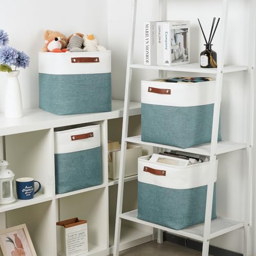 DULLEMELO Set Of 4 Cube Storage Bins, Fabric Storage Basket for Shelves Closet Nursery Toy Storage, 12 inch Fabric Storage Cubes Bins Canvas Organization Baskets (White&Deep Green) - Image 4