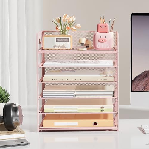 Subekyu 6-Tier Desk Paper Organizer, Desktop File Letter Tray with Handle, Document Sorter and Accessories Holder for Office, Home and School Workspace Organizers, Pink-2 Pack - Image 4