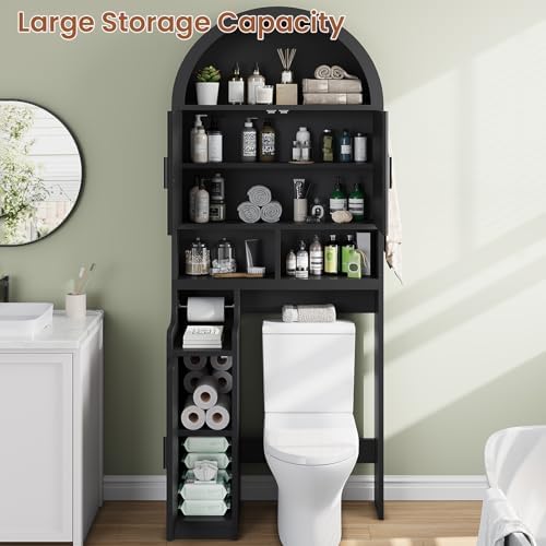 Itaar Arched Over The Toilet Storage Cabinet, 78.7" H Fluted Bathroom Organizer with Reversible Side Cabinet, Adjustable Shelves, Anti-Tipping, Hooks & Paper Holder for Bathroom Laundry Room, Black - Image 3