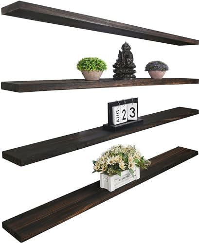 YYWUOJJ Wood Floating Shelves for Wall Decor, Rustic Wall Shelves for Bedroom Bathroom Kitchen Living Room, Set of 4 Walnut 48 Inch by YYWUOJJ