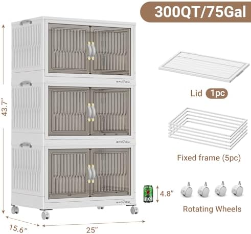 BROVIEW 300Qt Stackable Storage Bins with Lid, Extra Large Closet Organizer Collapsible Drawer Boxes with Wheels, Folding Plastic Cabinet Containers for Home Kitchen Room Organization, 3Pack White - Image 2
