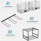 ThreeHio Garage Shelf Wall Mounted with Wire Baskets, Heavy Duty Garage Wall Shelving with Garden Tool Rack and Hooks, Wire Shelf Baskets Tool Organizer for Home Garden Yard Organization and Storage - Image 6