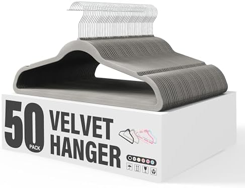 YSSOA Velvet Hangers 50 Pack, Non-Slip Clothes Hangers with Shoulder Notches, 360° Swivel Hooks, Heavy Duty Standard Hanger for Closet Space Saving, Grey by YSSOA