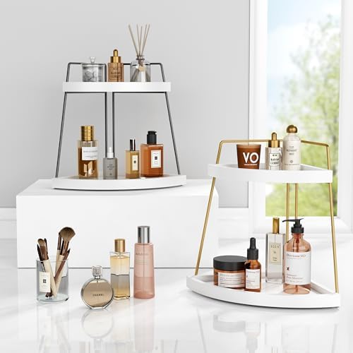 Forbena Corner Bathroom Counter Organizer, 2 Tier Bathroom Organizer Countertop, Small Bathroom Sink Top Trays Corner Shelf Stand for Makeup Vanity Perfume Skincare Decor Storage (White and Gold) - Image 6