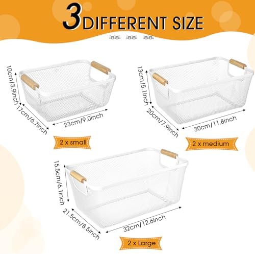 Maxcheck 6 Pack 3 Size Metal Wire Baskets with Wood Handles, Cream White - Image 2