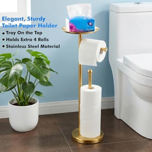 Gold Toilet Paper Holder with Shelf, Freestanding Toilet Paper Holder Stand with Storage for Holding Extra 4 Toilet Paper Rolls, Heavy Base No Tipping Over (Stainless Steel, Gold) - Image 3