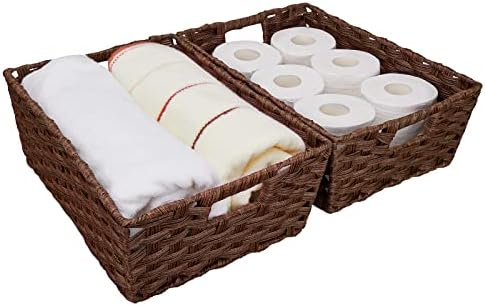 Onlytak Large Wicker Storage Basket, Metal Frame, Set of 2, Washable Waterproof, 15" x 10.3" x 5.2", Brown Color, Woven Basket for Pantry, Toilet, Bathroom, Bedroom, Patio by onlytak