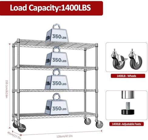 IZEUK 4-Tier Heavy Duty Metal Wire Shelving Unit, Adjustable Storage Rack Organizer for Garage, Kitchen, Office, Pantry, Warehouse (Chrome, 17.7" D x 47.2" W x 59.1" H) - Image 3