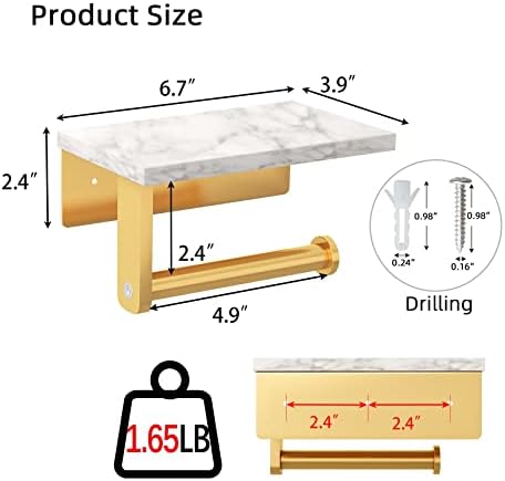 Gypie Toilet Paper Holder with Marble Shelf, Wall Mounted Gold - Image 4