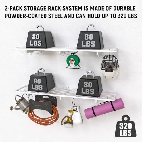 2 Pack Garage Wall Shelving, 46" x 12.5" Heavy Duty Storage Racks, Garage Shelves Wall Mounted with 8 Hooks, 320 LBS Capacity Floating Metal Shelf Organizer for Laundry Room, Basement, Workshop - Image 4