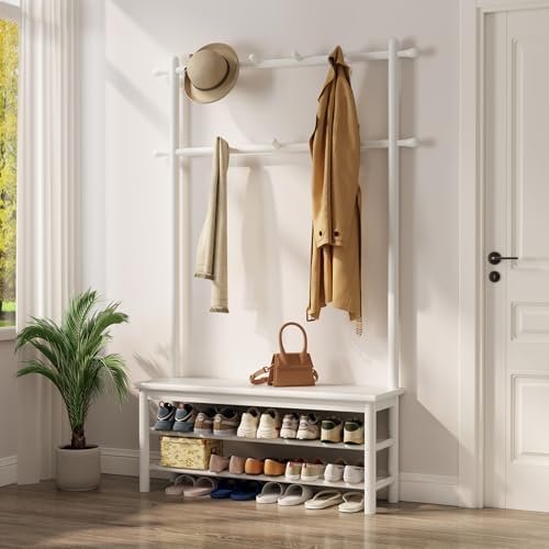 AQIMUELE Coat Rack with Shoe Storage, Wooden Hall Tree with Bench, 11 Hooks and 2-Tier Storage Shelves, 3-in-1, Entryway Bench with Coat Rack (39.3"-Deep White) by AQIMUELE