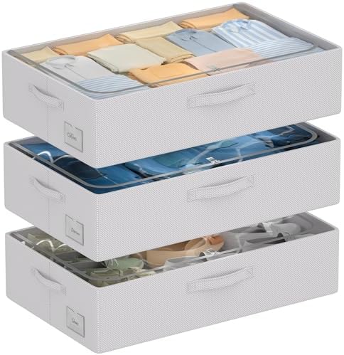 CYhom 3Pcs Under Bed Storage Bins with Metal Frame - Shoe Organizer for Closet with Clear Cover Oxford Fabric Sturdy Underbed Container Foldable Stackable Clothes Organizer (Grey, 23.5x15.7x6.3) by CYhom