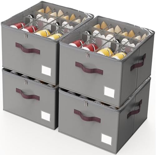 Criusia Shoe Organizer for Closet, 4 Pack Shoe Organizer with Transparent Cover and Sturdy Handles, Closet Shoe Storage for Sneakers Sandals Slippers, Fit 12-16 Pairs, Gray by Criusia