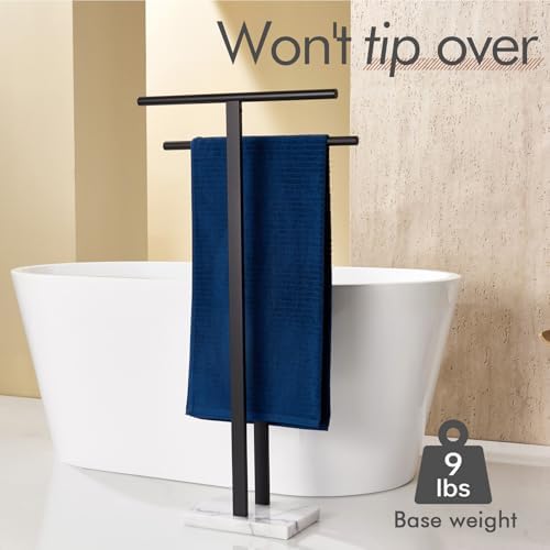 KOKOSIRI Free Standing Towel Racks Matte Black 2-Tier Towel Holder for Bathroom Floor Stand with Heavy Marble Base Thicken Steady Design Stainless Steel THS0005-BK - Image 5