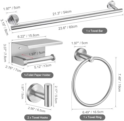 TURS Brushed Nickel 5-Piece Bathroom Hardware Set Towel Bar Set SUS304 Stainless Steel Towel Racks for Bathroom Wall Mounted, 23.6-Inch - Image 7