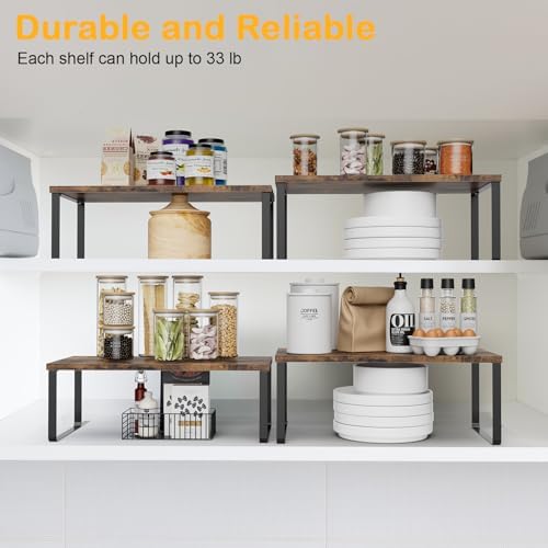 OGEMXU Cabinet Shelf Organizers, 15.7 inches Large Kitchen Counter Shelf, Set of 4 Wood Kitchen Pantry Organizer, Storage Shelves for Countertop, Spice Rack, Stackable, Expandable, Metal Black, Brown - Image 5