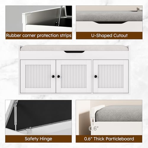 40" Storage Bench - Entryway Shoe Bench with 3 Doors and Top Storage Area, Multifunctional Entryway Bench with Lift Top Cushion, Shoe Storage Bench for Bedroom, Living Room, White - Image 6