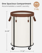 STORAGE MANIAC Rolling Laundry Hamper with Wheels 110L Laundry Basket, Round Laundry Cart with Metal Frame and Removable Bag, Clothes Hamper for Bedroom, Bathroom, Dorm Room, Laundry Room, Beige - Image 2