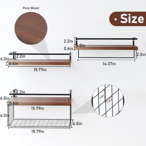 Wood Floating Shelves Wall Mounted - 3+1 Tier Rustic Bathroom Shelves Over Toilet with Wire Storage Basket &Towel Bar, Set of 3 Farmhouse Floating Shelf for Bathroom,Kitchen,Bedroom,Dark Brown. - Image 3