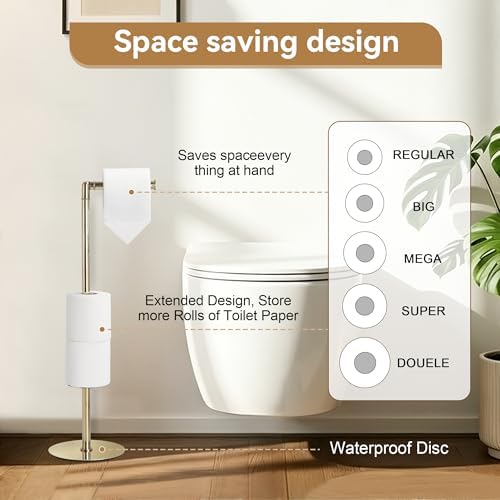 BGL Freestanding Toilet Paper Holder, Tissue Holder On Floor with Reserve Storage Paper Rolls, Roll Paper Holder Standing On Floor (Polished Gold) - Image 3
