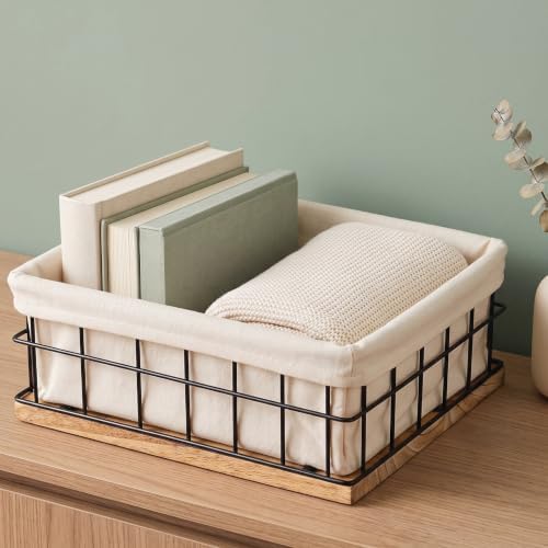 Metal Baskets for Organizing - Toiletries Black Metal Basket with Liner, Wooden Decorative Baskets for Home Decors, Bathroom Decor & Kitchen Decor, Bin Wire Basket Storage (X-Large) by AuraNest
